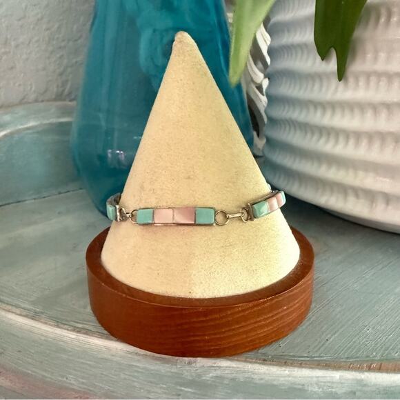 925 Sterling Silver Mother of Pearl & Turquoise Linked Bar Bracelet - Picture 7 of 11